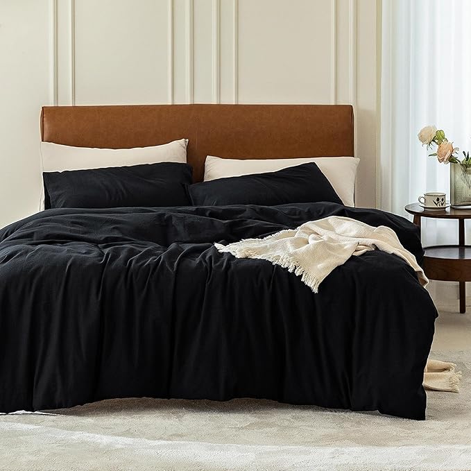 FOSSA Duvet Cover Set 100% Washed Cotton 3 Pieces Bedding Set Twill Soft Cozy Breathable Sturdy Substantial with Textured Weave Solid Black Full/Double