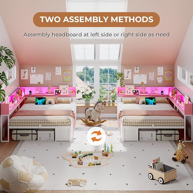 VIAGDO Corner Bed Frame Full with Storage Bookcase and 6 Drawers, Metal Platform Corner Bed Frame with LED Lights and Charging Station, Full Daybed for Kids Teenagers, Pink