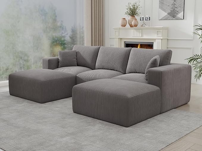 Modular Sectional Sleeper Sofa Couches for Living Room - Modern 110" U-Shaped Boneless Cloud Couch - Easy Assembly, Grey Cozy Corduroy Convertible Full Sponge Compression Sofas for House, Apartment
