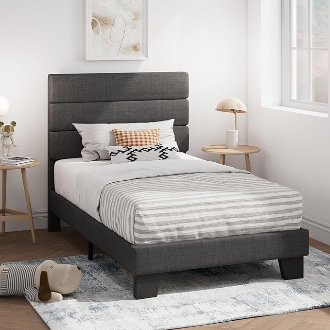 SHA CERLIN Twin Platform Bed Frame with Upholstered Fabric Headboard, Mattress Foundation with Strong Wooden Slats Support, No Box Spring Needed, Grey