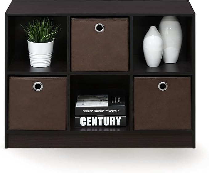 Furinno BASIC Book Shelf, 6-Cube Bookshelf, 3 x 2 Bookcase with Storage Bins, 11.9 x 31.6 x 23.6, for Living Room, Bedroom, Home Office, Dark Walnut