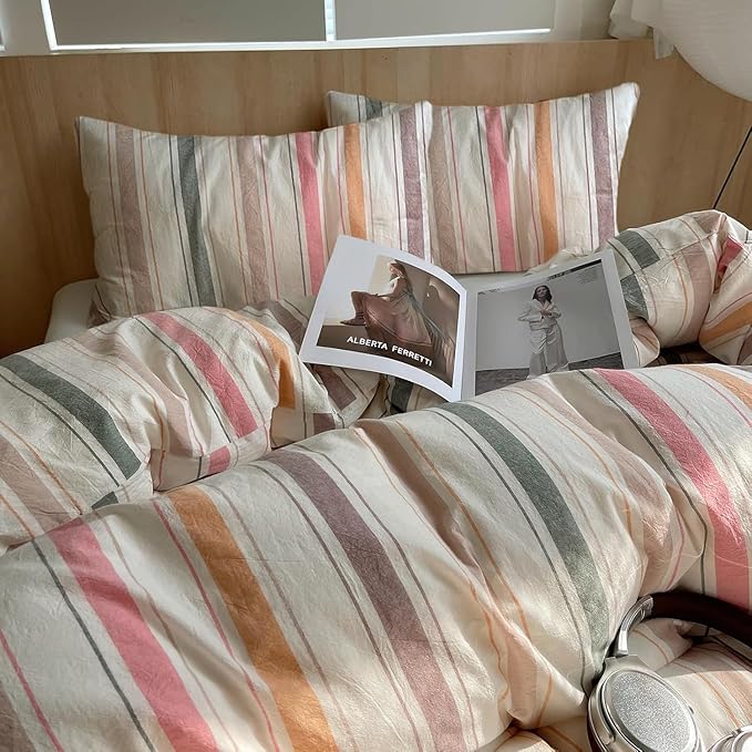 VM VOUGEMARKET Striped Duvet Cover Set Queen Washed Cotton Bedding Multicolor Stripes Duvet Cover with 2 Pillowcases for Girls Women(Orange/Pink/Green/Coffee)