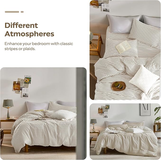 JELLYMONI 100% Natural Cotton Striped Duvet Cover Sets,White Duvet Cover with Khaki Stripes Pattern Printed Comforter Cover,with Zipper Closure & Corner Ties(Twin XL 66×92 Inch)