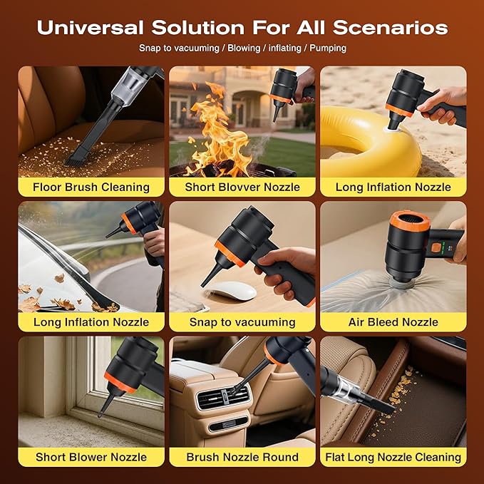 Car Portable Handheld Vacuum Cordless Cleaner with 13000PA Suction, 130000RPM, 6800mAh Battery, 10 Nozzles, Rubber Paint Material for Car, Home, Pet Cleaning（Black Orange）