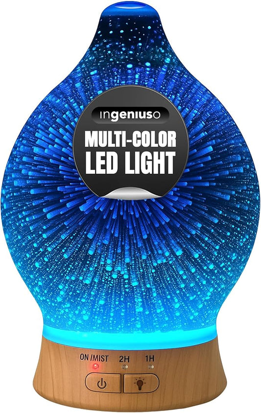 Aromatherapy Essential Oil Diffuser for Therapeutic Oils, w/ 3D Glass Vase | Cool Mist Difusor for Bedroom | LED Color Light Display & Auto Shut-Off | Humidifier, Fragrance Machine for Home & Dorm Use