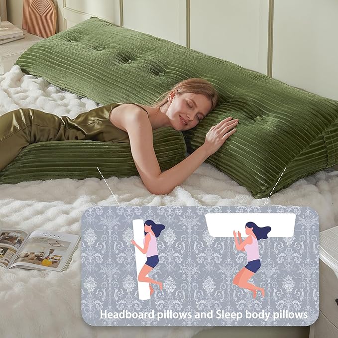 Headboard Wedge Pillow + A Long Neck Roll Pillow Body Pillow，Large Headboard Pillow with Removable Cover (Green, King：76x8x20 inches)