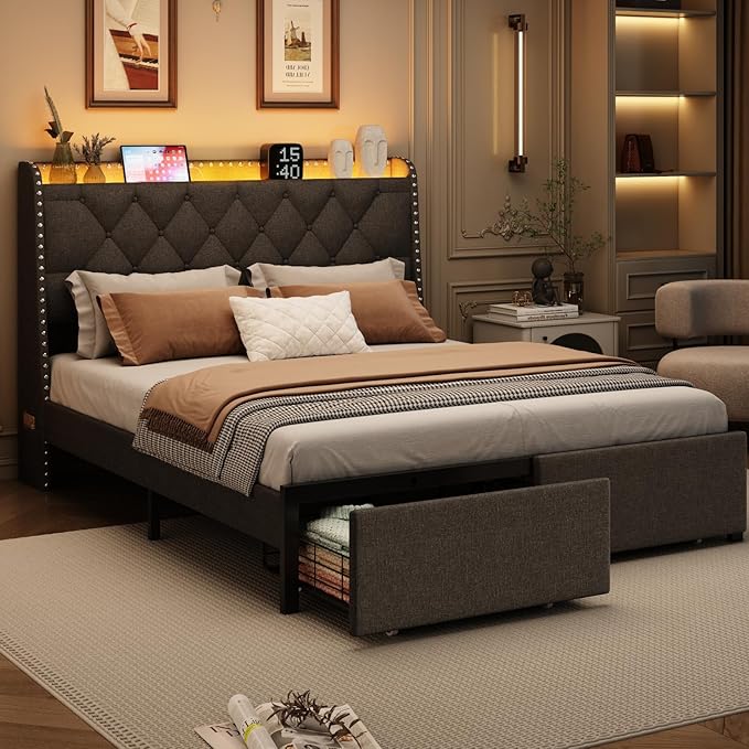 Full Size Bed Frames with Storage Headboard and 2 Drawers, Upholstered Button Linen Platform Bed Frame Full with Led Lights and Charging Station, No Box Spring Needed, Easy Assembly, Noise Free, Gray