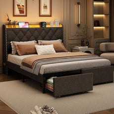Full Size Bed Frames with Storage Headboard and 2 Drawers, Upholstered Button Linen Platform Bed Frame Full with Led Lights and Charging Station, No Box Spring Needed, Easy Assembly, Noise Free, Gray