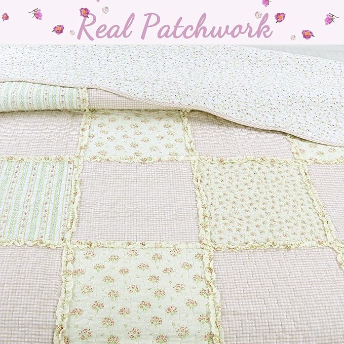 Cozy Line Home Fashions 100% Cotton Real Patchwork Reversible Shabby Chic Girly Floral Pink Peachy Quilt Bedding Set, Coverlet Bedspread (Old-Fashioned Sweetness, Queen - 3 Piece)