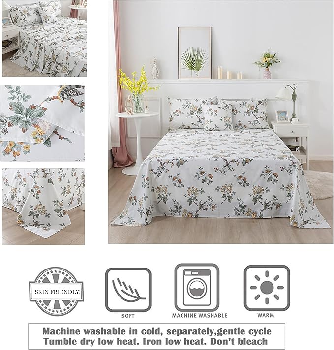FADFAY Sheets Set King Elegant Floral Bedding Shabby Beige Bird Print Flower Bed Sheet Set Vintage Farmhouse Bedding 100% Cotton Ultra Soft Bedding with Deep Pocket Fitted Sheet 4Pcs, King Size
