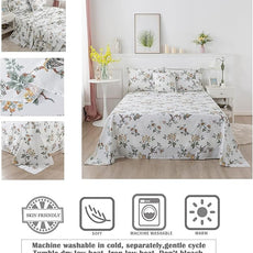 FADFAY Elegant Floral Bedding Shabby Beige Bird Print Flower Bed Sheet Set Vintage Farmhouse 100% Cotton Ultra Soft Girls Bedding with Deep Pocket Fitted Sheet 4Pcs, Twin Size