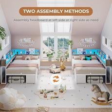 VIAGDO Corner Bed Frame with Storage Bookcase and 6 Drawers, Twin Metal Platform Corner Bed Frame with LED Lights and Charging Station, Twin Daybed for Kids Teenagers, White & Grey