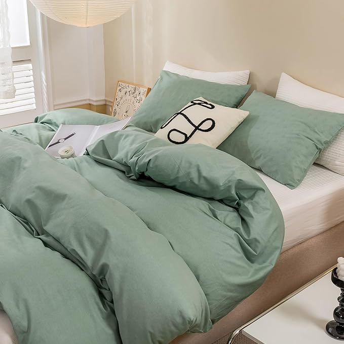 ECOCOTT Olive Green Duvet Cover King Size - 100% Washed Cotton Durable Soft Comfy Duvet Cover Set, 3 Pieces Duvet Cover with Zipper Closure (Green, 104''x90'')