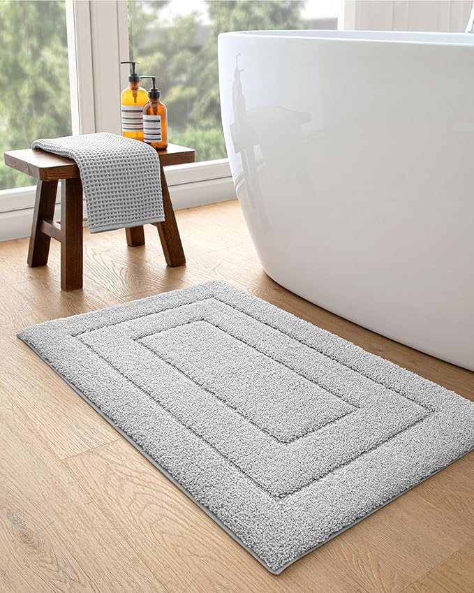 DEXI Bathroom Rug 43x24, Non Slip Washable Bath Mat for Shower Floor, Extra Large Absorbent Soft Bathmat with Rubber Backing, Quick Dry Microfiber Carpet, Light Grey