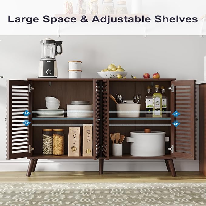 47" W Buffet Cabinet with 4 Slatted Doors, Mid-Century Buffet Sideboard with Shelves, Accent Storage Cabinets Cupboard Console for Living Room Kitchen Hallway, Walnut