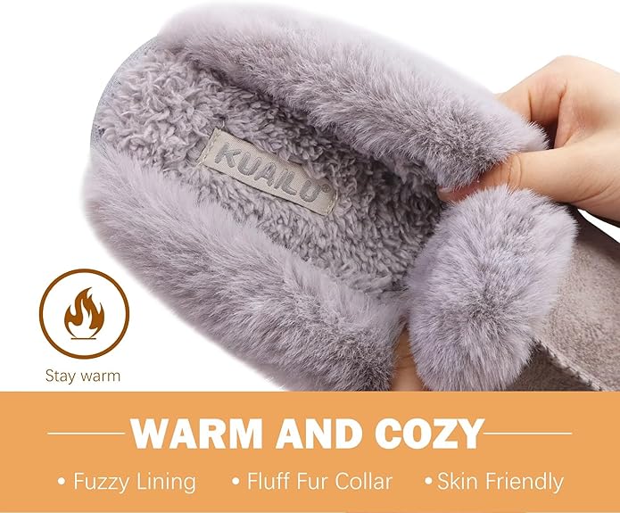 KuaiLu Womens Fluff Dual Memory Foam Slippers Ladies Cozy Arch Support Warm Scuff Slippers Slip on Comfy Winter House Shoes with Non-Slip Indoor Outdoor Hard Sole