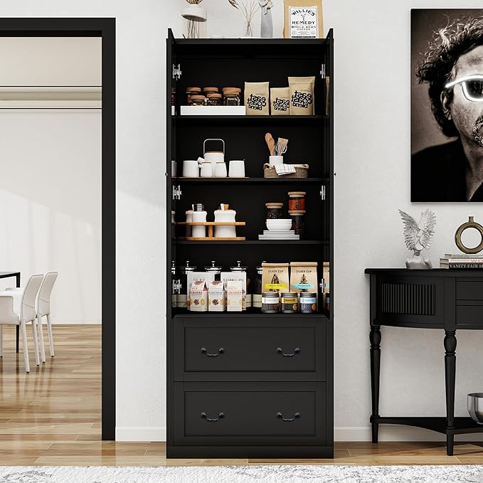 78.8" Tall Bookcase Display Storage Cabinet Hutch with Glass Doors & Drawers - Curio Display Bookshelf Kitchen Pantry for Home, Kitchen, Living Room.