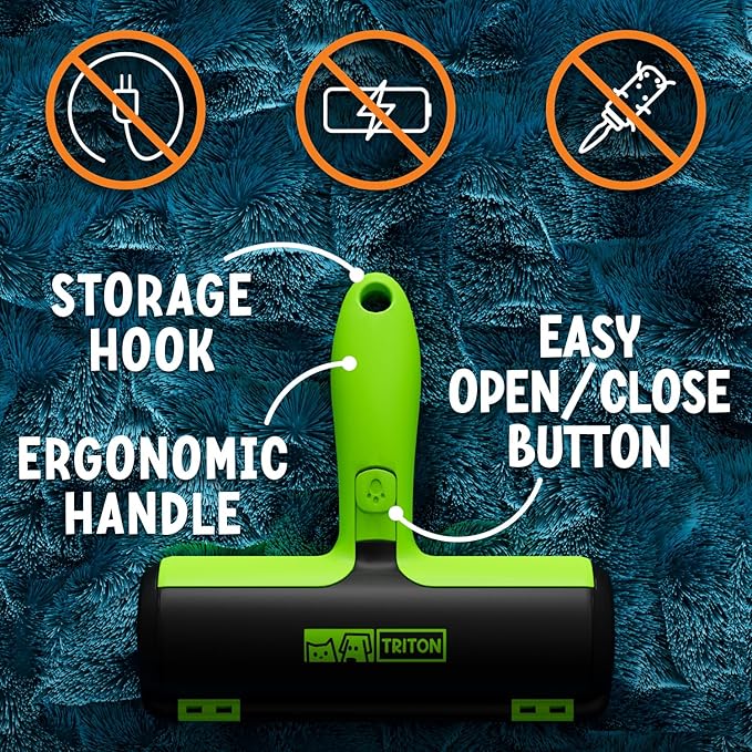 Triton Pet Hair Removal Tool w/Fur Trapping Compartment, 60% Smaller Storage Size, Reusable Shedding Roller, Cat and Dog Hair Remover for Car, Furniture, Carpet, Couch (Green)