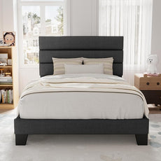 Allewie Twin Size Platform Bed Frame with Fabric Upholstered Headboard and Wooden Slats Support, Fully Upholstered Mattress Foundation/No Box Spring Needed/Easy Assembly, Dark Grey