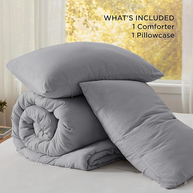 Bedsure Twin/Twin XL Comforter Set, Grey Soft Prewashed Bedding for All Seasons, 2 Pieces GentleSoft™ Warm Down Alternative Bed Set, 1 Lightweight Comforter (68"x88") and 1 Pillowcase (20"x26")
