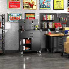 SUXXAN Black Tool Cart with Pegboard and 4 Hooks,Garage Storage Cabinet on Wheels with 2 Drawer,Industrial Service Utility Tool Cart for Mechanics, Garage, Workshop