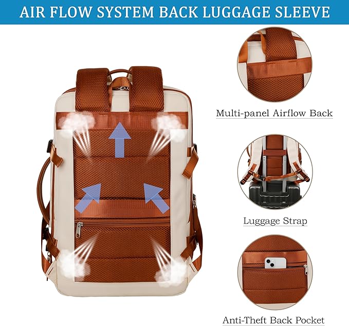 Travel Laptop Backpack for Men Women, Airline Approved Personal carry on Backpack with USB Charging Port,35L Large Water Resistant Durable anti theft Capacity Student Bag Fits 15.6 Inch Notebook,Cream
