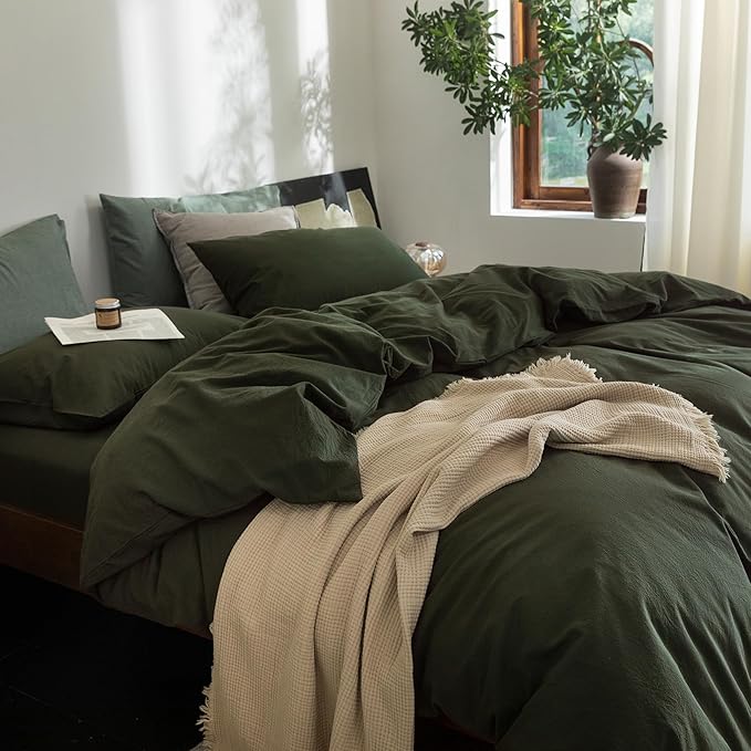 FOSSA Duvet Cover Set 100% Washed Cotton Linen Feel Super Soft Breathable Cozy 3 Pieces Bedding Sets Solid Olive Green Full/Double