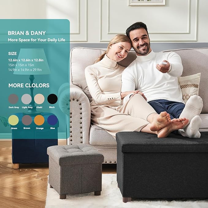 BRIAN & DANY Small Ottoman with Storage, Small Storage Ottoman, Folding Foot Stool with Wood Legs for Living Room and Bedroom Linen Rest Seat, 12.6"x12.6"x12.8" - Black