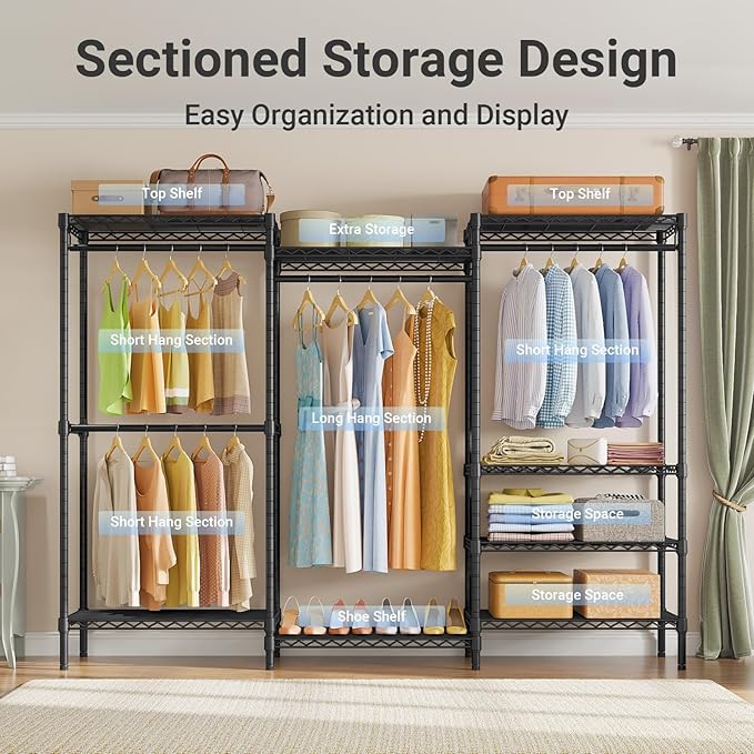 VIPEK V5 Plus Large Portable Closet Rack Freestanding Wardrobe Closet, Multi-Functional Clothes Rack Heavy Duty Metal Clothing Rack for Hanging Clothes, 85.4" L x 15.7" W x 76.4" H, Black