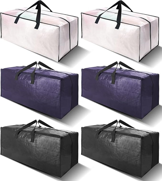 6 Pack Heavy Duty Large Moving Bags W/Backpack Straps - Strong Handles & Zippers, Storage Totes, Fold Flat, Alternative to Moving Box and Storage Bin, Semi-Transparent+Blue+Black