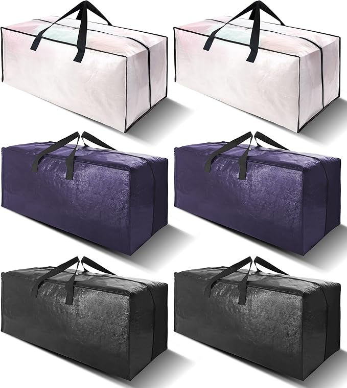 6 Pack Heavy Duty Extra Large Moving Bags W/Backpack Straps - Strong Handles & Zippers, Storage Totes For Space Saving, Fold Flat, Alternative to Box and Bin (40 gal, Semi-Transparent+Blue+Black)