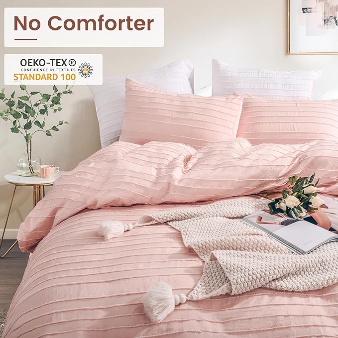 NEXHOME PRO Duvet Cover Queen Size, Pink 3 Pieces Boho Tufted Duvet Cover Set, Soft and Lightweight Microfiber Comforter Cover Set for All Season (Pink Queen, 90 x 90)-No Comforter