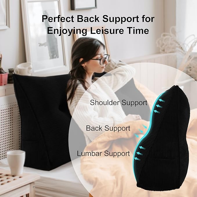 WOWMAX 100% Cotton Corduroy Headboard Pillow – King Size Back Support Reading Wedge for Bed & Daybed, Plush Handmade Bolster Cushion with Removable Cover, Cozy Bed Rest Pillow, Black