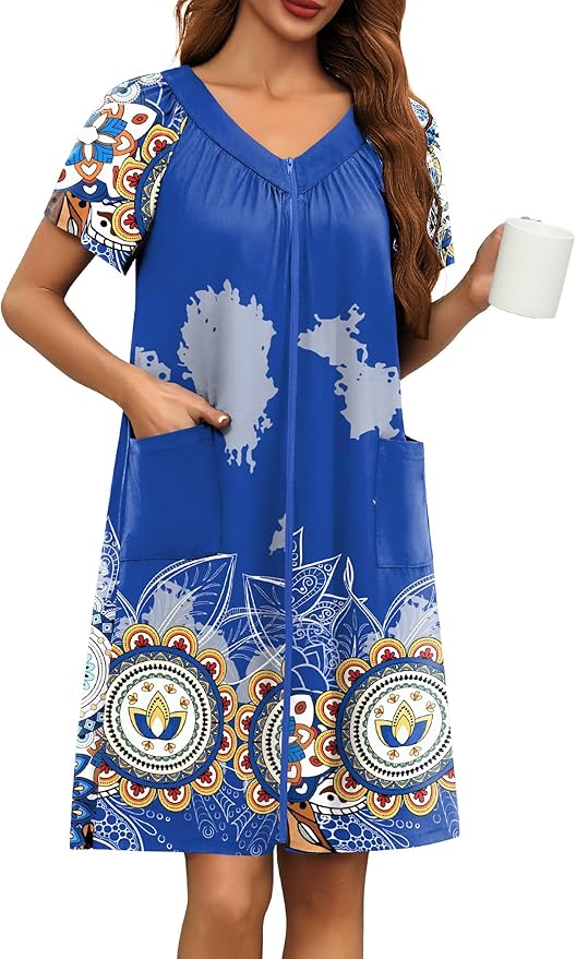 Ekouaer Women Robe Zipper Front Mumu Duster Robes Zip Up Housecoat Soft Sleepwear with Pockets