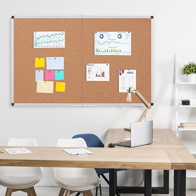 Board2by Extra Large Cork Bulletin Board 60" X 36", Foldable Notice Pin Board for Wall, Silver Aluminum Framed 5'x3' Corkboard, Wall Mounted Noticeboard with 36 Push Pins for School, Home & Office