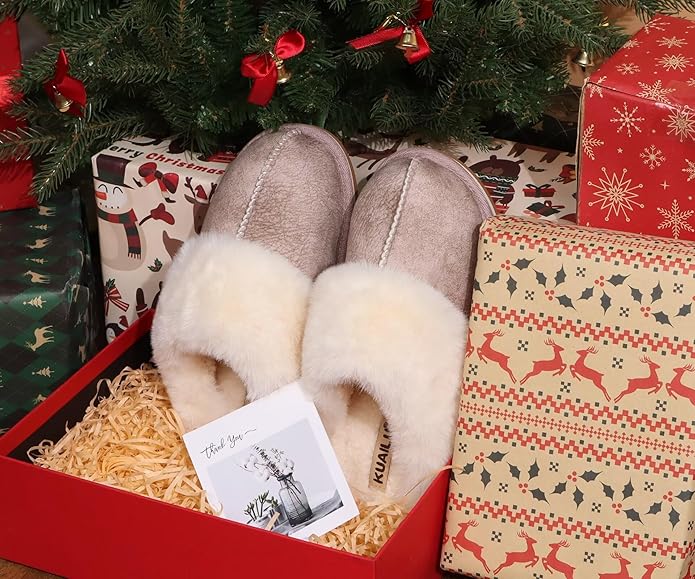 KuaiLu Womens Fluff Dual Memory Foam Slippers Ladies Cozy Arch Support Warm Scuff Slippers Slip on Comfy Winter House Shoes with Non-Slip Indoor Outdoor Hard Sole