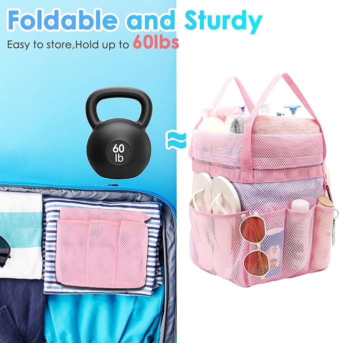 Mesh Shower Caddy Portable with Drawstring, Dorm Room Essentials for College Girls Guys, 8-Pocket Extra Large Shower Bag Basket Tote for Camping Beach Gym Travel Toiletry Bathroom