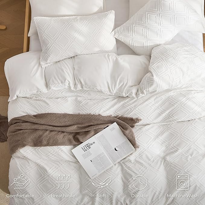 JELLYMONI Duvet Cover Full Size Bright White - 3PCS Boho Duvet Cover Set Plaid Polyester Tufted Bohemian Jacquard Knit Textured Comforter Cover 80×90in Rhombic Geometric Pattern Corner Ties & Zipper