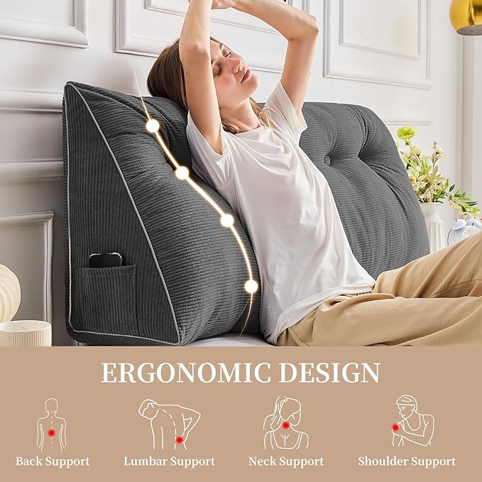 Sasttie Headboard Pillow Twin/Twin XL, Wedge Pillow Headboard for Dorm, Triangular Daybed Backrest Cushion for Sitting or Reading in Bed, with Removable Washable Cover, Dark Grey