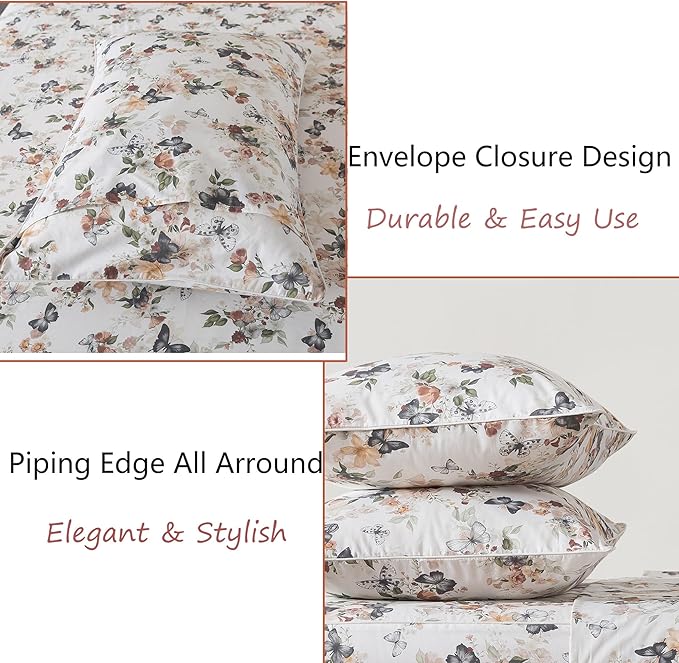 FADFAY Butterfly Sheets Set Queen Watercolor Floral Bed Sheets Set Vintage Botanical Bedding Shabby Rustic Leaves Bedding Collections 100% Percale Cotton Breathable Soft Deep Pocket 4Pcs, Queen Size