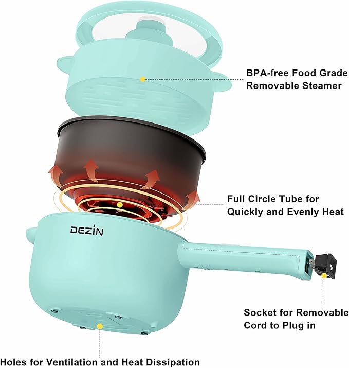 Dezin Electric Cooker, 2L Non-Stick Sauté Pan, Rapid Noodles Cooker, Mini Pot for Steak, Egg, Fried Rice, Ramen, Oatmeal, Soup with Power Adjustment, College Dorm Room Essential