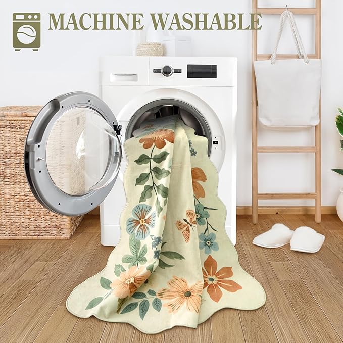 Lahome Floral Bedroom Rug,4x6 Washable Area Rugs for Living Room Dining Room, Non Slip Ultra-Thin Stain Resistant Boho Throw Carpet for ‎Office (4x6ft,Beige)