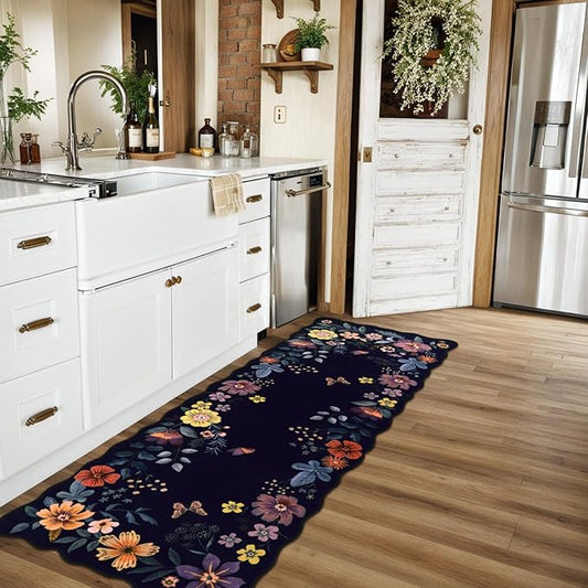 Lahome Floral Kitchen Runner, 2X6 Washable Runner Rug Non-Slip, Ultra-Thin Soft Hallway Rug Stain Resistant Boho Low-Pile Carpet for ‎Laundry Bathroom Bedroom(2x6ft,Purple)