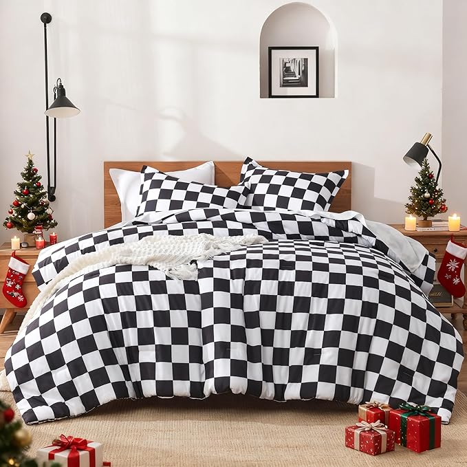 Andency Checkered Comforter Queen(90x90Inch), Black White Plaid Gingham Buffalo Grid Bed Set for Boys Kids Teens, 3 Pieces Lightweight Microfiber Geometric Preppy Bedding