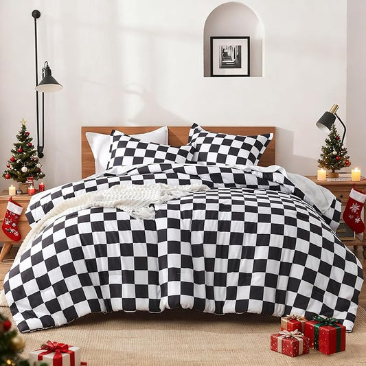 Andency Checkered Comforter Twin(66x90Inch), Black White Plaid Gingham Buffalo Grid Bedding Comforter Sets for Boys Kids Teens, 2 Pieces Lightweight Microfiber Geometric Preppy Bed Set