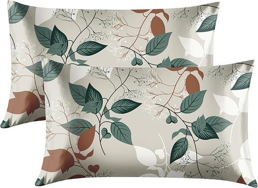 EXQ Home Satin Pillowcase for Hair and Skin Queen - Printed Green Leaves Silk Pillow Cases 2 Pack 20x30 inches - Satin Pillow Cases Set of 2 with Envelope Closure, Gifts for Women Men