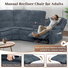 Manual Reclining Sectional Sofa Set, 5 Seats Soft Fabric Recliner Corner Sectional Couch, Family-Sized L-Shaped Recliner Couch with USB Charging, Thickened Padding, Sturdy Frame, Blue