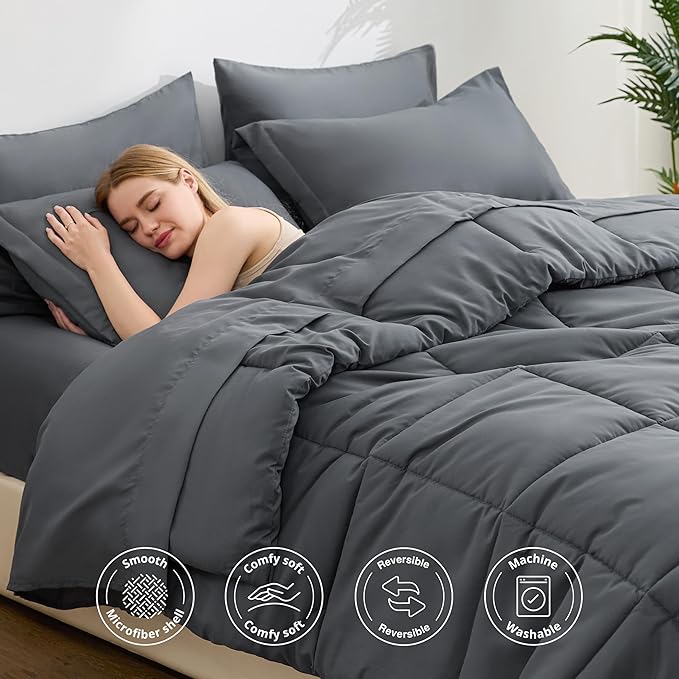 Love's cabin Queen Comforter Set Soot Grey, 7 Pieces Queen Bed in a Bag, All Season Bedding Sets with 1 Comforter, 1 Flat Sheet, 1 Fitted Sheet, 2 Pillowcase and 2 Pillow Sham