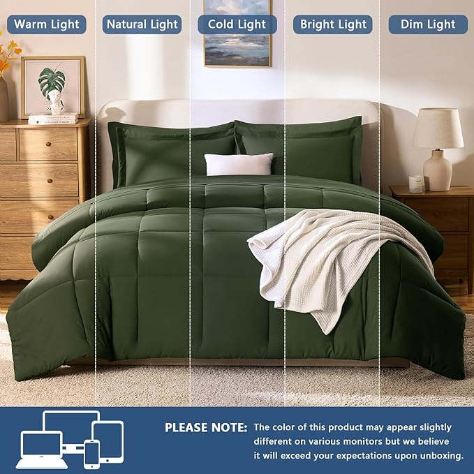 CozyLux Full Size Comforter Sets Olive Green - 7 Pieces Bed in a Bag Full, Oeko-Tex Certified Bed Set, All Season Soft Bedding Set with Down Alternative Comforter, Sheets, Pillowcases & Pillow Shams