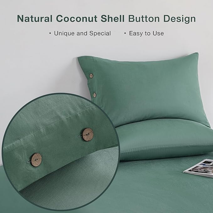 JELLYMONI Pillowcases King Set of 2 Cotton Button Pillow Covers 20×36in Dark Green Bed Pillow Cases 100% Washed Cotton Soft Breathable (Pillows are not Included)